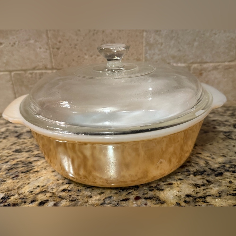 Fire King / Anchor Hocking Peach Lustreware #450 casserole dish with the lid.